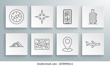 Fija la línea Pirámides de Egipto, rosa del viento, páginas de Pasaporte con sellos de visa, pasador de mapa, avión, pasaje de avión electrónico para tarjeta de embarque Smartphone, maleta para viajes e icono de brújula. Vector