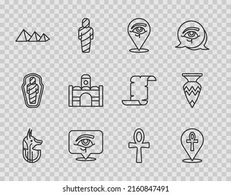 Set line Egyptian anubis, Cross ankh, Eye of Horus, pyramids, house,  and vase icon. Vector