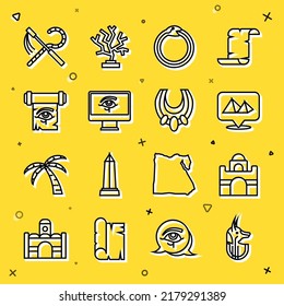 Set line Egyptian anubis, house, pyramids, Magic symbol of Ouroboros, Eye Horus on monitor, papyrus scroll, Crook and flail and necklace icon. Vector