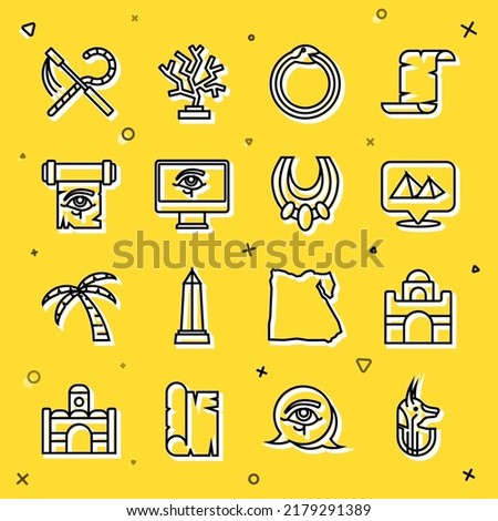 Set line Egyptian anubis, house, pyramids, Magic symbol of Ouroboros, Eye Horus on monitor, papyrus scroll, Crook and flail and necklace icon. Vector