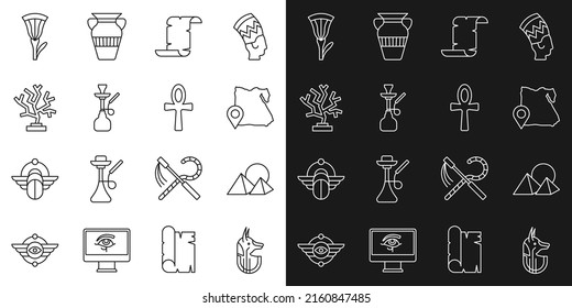 Set line Egyptian anubis, pyramids, Map of, Papyrus scroll, Hookah, Coral, lotus and Cross ankh icon. Vector