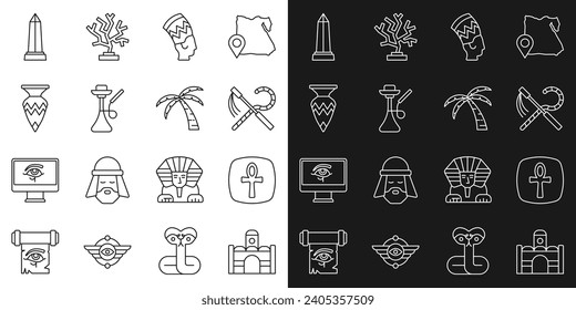 Set line Egyptian house, Cross ankh, Crook and flail, Nefertiti, Hookah, vase, Obelisk of Alexandria and Tropical palm tree icon. Vector