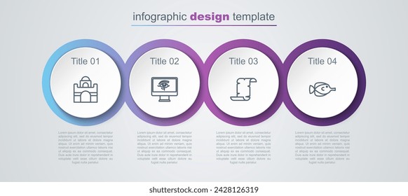 Set line Egyptian house, Eye of Horus on monitor, Papyrus scroll and Butterfly fish. Business infographic template. Vector