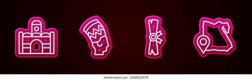 Set line Egyptian house, Nefertiti, Papyrus scroll and Map of. Glowing neon icon. Vector