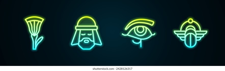 Set line Egyptian lotus, man, Eye of Horus and Scarab. Glowing neon icon. Vector