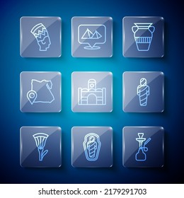 Set line Egyptian lotus, mummy in sarcophagus, Hookah, vase, house, Map of, Nefertiti and  icon. Vector