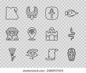 Set line Egyptian lotus, mummy in sarcophagus, Cross ankh, Eye of Horus, Map, Papyrus scroll and Snake icon. Vector