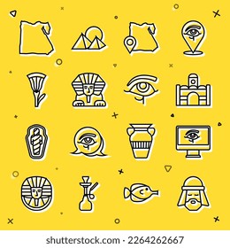 Set line Egyptian man, Eye of Horus on monitor, house, Map, Sphinx, lotus,  and  icon. Vector