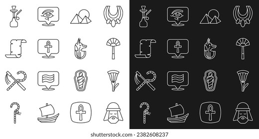 Set line Egyptian man, lotus, fan, pyramids, Cross ankh, Papyrus scroll, Hookah and anubis icon. Vector