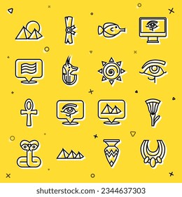 Set line Egyptian necklace, lotus, Eye of Horus, Butterfly fish, anubis, Flag Of, pyramids and Sun icon. Vector