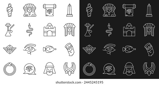 Set line Egyptian necklace, Nefertiti, pharaoh, Eye of Horus on papyrus scroll, Snake, Hookah, mummy and house icon. Vector