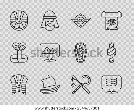 Set line Egyptian pharaoh, Flag Of, symbol Winged sun, ship, pyramids, Crook and flail and mummy icon. Vector