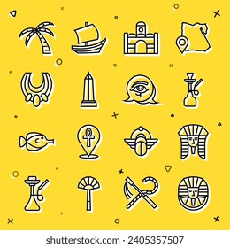 Set line Egyptian pharaoh, Hookah, house, Obelisk of Alexandria, necklace, Tropical palm tree and Eye Horus icon. Vector
