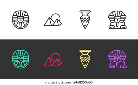 Set line Egyptian pharaoh, pyramids, vase and Sphinx on black and white. Vector