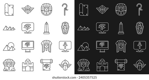 Set line Egyptian Scarab, Cross ankh, mummy in sarcophagus, pharaoh, Eye of Horus, pyramids, Papyrus scroll and Obelisk Alexandria icon. Vector