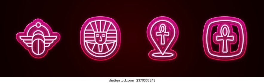 Set line Egyptian Scarab, pharaoh, Cross ankh and . Glowing neon icon. Vector