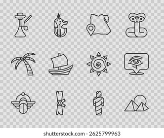 Set line Egyptian Scarab, pyramids, Map of, Papyrus scroll, Hookah, ship, mummy and Eye Horus icon. Vector