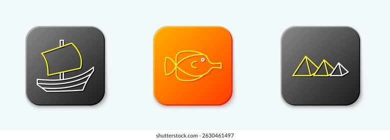 Set line Egyptian ship, Butterfly fish and pyramids icon. Vector