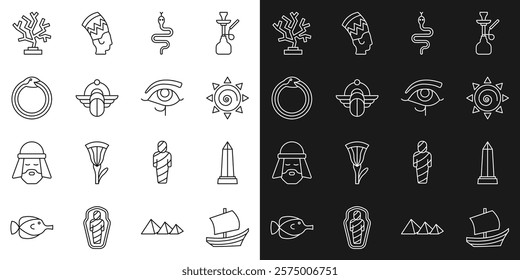 Set line Egyptian ship, Obelisk of Alexandria, Sun, Snake, Scarab, Magic symbol Ouroboros, Coral and Eye Horus icon. Vector