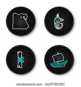 Set line Egyptian ship, Papyrus scroll, anubis and Map of icon. Vector