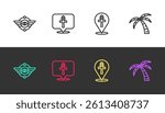 Set line Egyptian symbol Winged sun, Cross ankh,  and Tropical palm tree on black and white. Vector