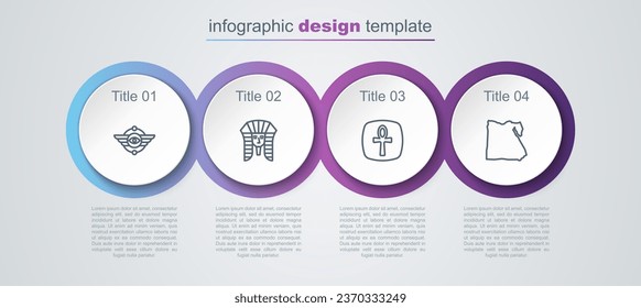 Set line Egyptian symbol Winged sun, pharaoh, Cross ankh and Map of. Business infographic template. Vector