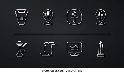 Set line Egyptian vase, Hookah, Cross ankh, Flag Of, Papyrus scroll, Eye of Horus, Obelisk Alexandria and  icon. Vector