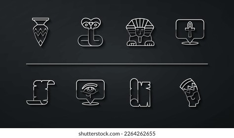 Set line Egyptian vase, Papyrus scroll, Cross ankh, Eye of Horus, Snake, Nefertiti and Sphinx icon. Vector