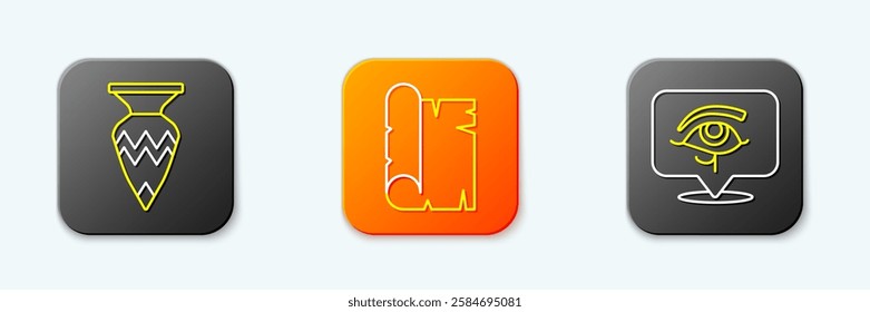 Set line Egyptian vase, Papyrus scroll and Eye of Horus icon. Vector