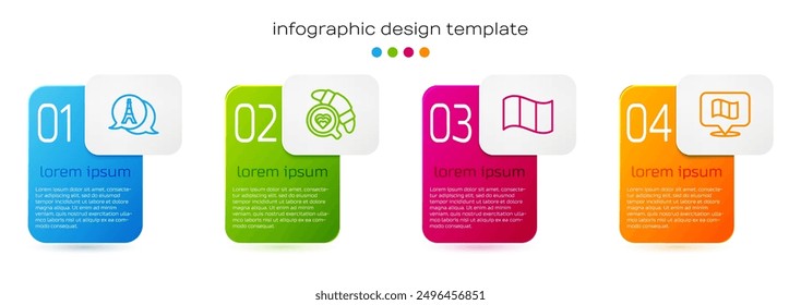 Set line Eiffel tower, Coffee cup with croissant, Flag France and . Business infographic template. Vector