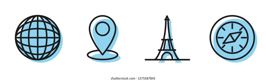 Set line Eiffel tower, Earth globe, Map pin and Compass icon. Vector