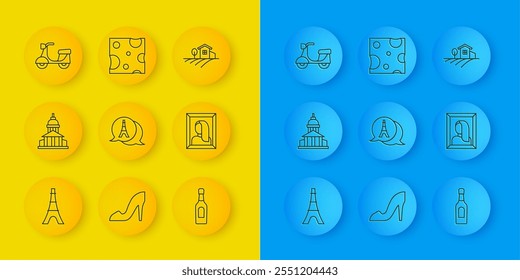 Set line Eiffel tower, Museum building, Champagne bottle, Portrait picture museum, Scooter, Village landscape and Cheese icon. Vector