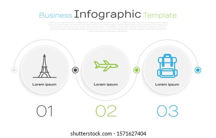 Set line Eiffel tower, Plane and Hiking backpack. Business infographic template. Vector
