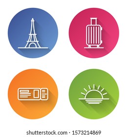 Set line Eiffel tower, Suitcase for travel, Travel ticket and Sunset. Color circle button. Vector