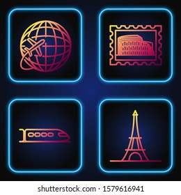 Set line Eiffel tower, Train, Globe with flying plane and Postal stamp and Coliseum. Gradient color icons. Vector