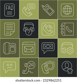 Set line Elected employee, Headphoneswith settings, Phone book, Mobile, question, File document, FAQ information and Telephone handset icon. Vector