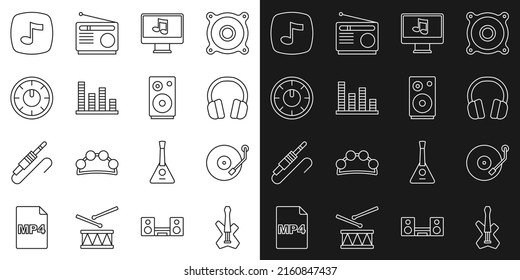 Set line Electric bass guitar, Vinyl player, Headphones, Computer with music note, Music equalizer, Sound mixer controller, tone and Stereo speaker icon. Vector
