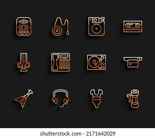 Set line Electric bass guitar, Headphones, Cassette tape player, Swimsuit, Camera roll cartridge, Telephone handset, Waist bag of banana and Vinyl icon. Vector