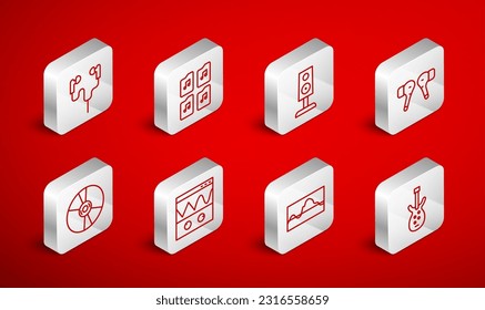 Set line Electric bass guitar, Music file document, Stereo speaker, Air headphones, wave equalizer, Oscilloscope and CD or DVD disk icon. Vector