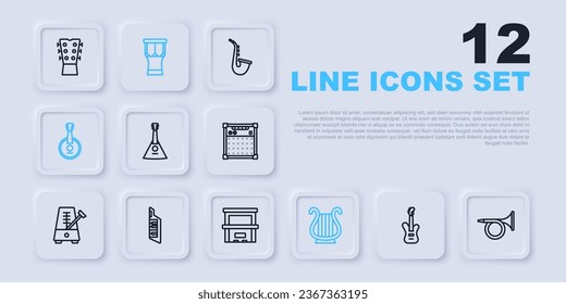 Set line Electric bass guitar, Trumpet, Balalaika, Ancient Greek lyre, Banjo, Keytar, African percussion drum and Piano icon. Vector