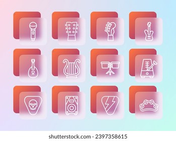 Set line Electric bass guitar, Stereo speaker, Bongo drum, Guitar pick, Ancient Greek lyre, neck, Microphone and  icon. Vector