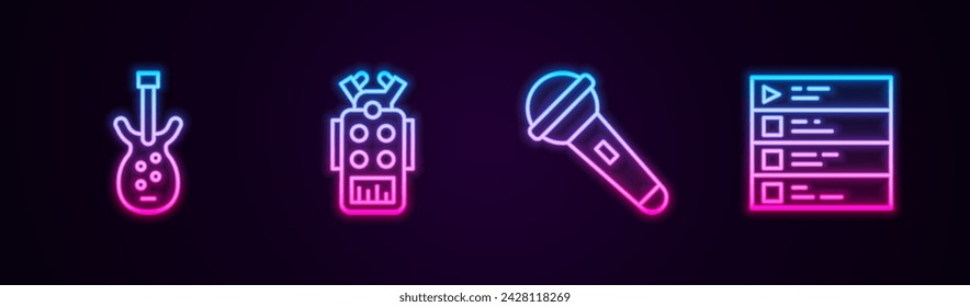 Set line Electric bass guitar, Microphone,  and Music playlist. Glowing neon icon. Vector