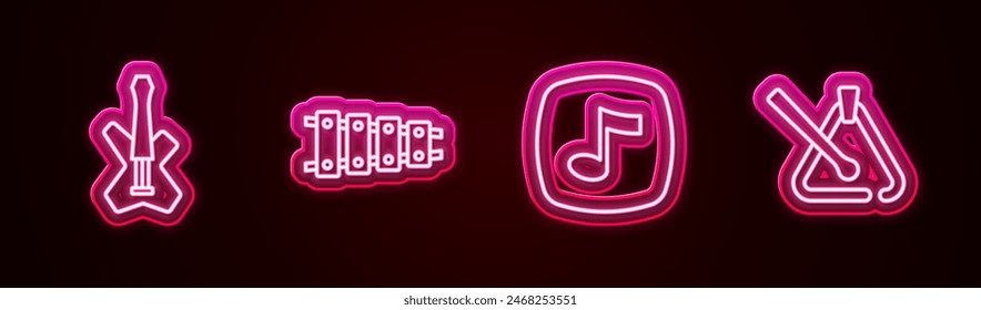 Set line Electric bass guitar, Xylophone, Music note, tone and Triangle musical instrument. Glowing neon icon. Vector