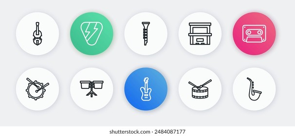 Set line Electric bass guitar, Retro audio cassette tape, Drum with drum sticks, Piano, Clarinet, Saxophone and Bongo icon. Vector