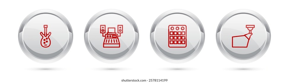 Set line Electric bass guitar, Music recording studio, Drum machine and Movie spotlight. Silver circle button. Vector