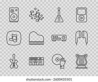 Set line Electric bass guitar, Ancient Greek lyre, Balalaika, Music synthesizer, Stereo speaker, Grand piano, DJ playing music and Air headphones icon. Vector