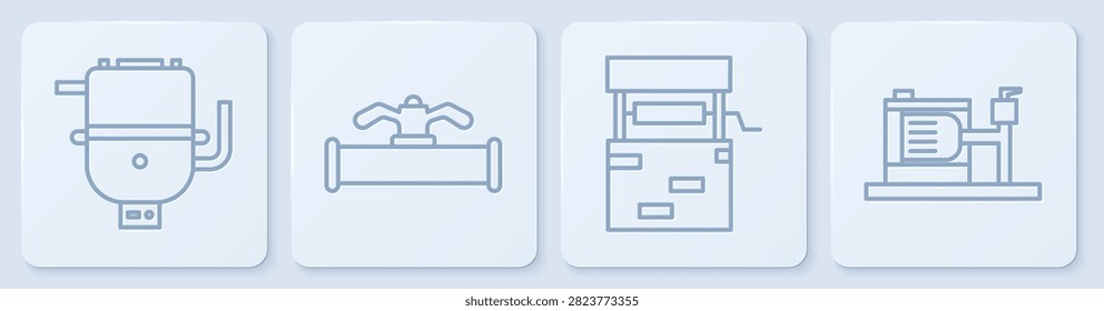 Set line Electric boiler for heating water, Well, Industry pipe and valve and Electric water pump. White square button. Vector