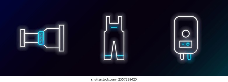 Set line Electric boiler, Pipe adapter and Work overalls icon. Glowing neon. Vector