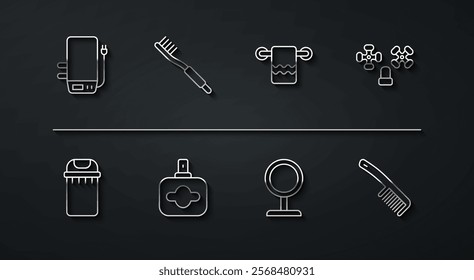 Set line Electric boiler, Trash can, Water tap, Round makeup mirror, Perfume, Toothbrush, Hairbrush and Towel on hanger icon. Vector