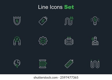 Set line Electric cable, extension, Wire electric reel, Global planet with thunderbolt, Electrician, Tee plug, Electrical outlet and Magnet icon. Vector